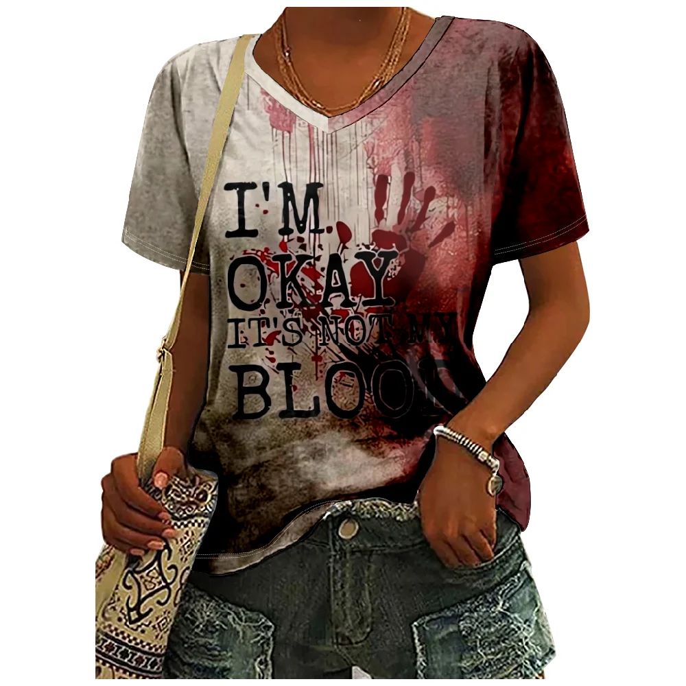 I Am Fine Blood Rose Print Funny T Shirts for Women Summer Girls Tees Female Harajuku Blouse V-neck Short Sleeve Clothes