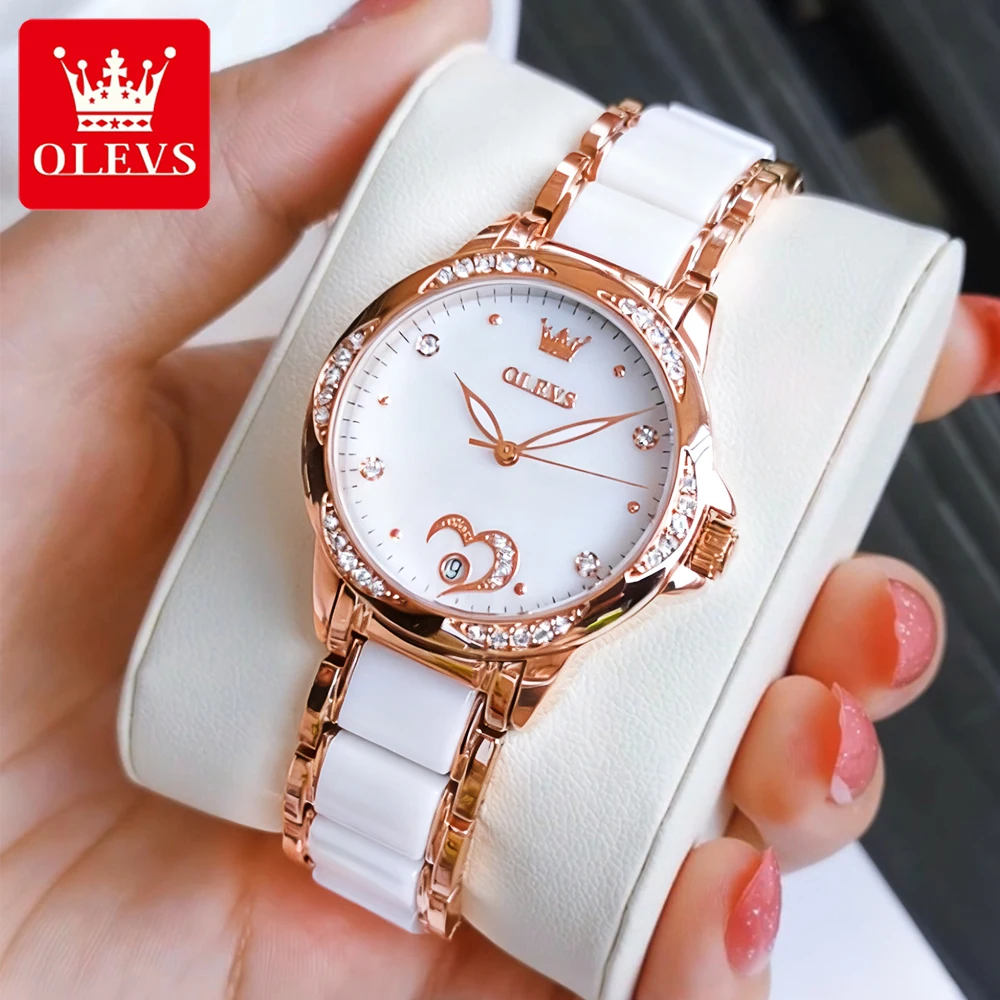 OLEVS 6631 Elegant Women's Watches Ceramic Strap Original Brand Automatic Mechanical Wristwatch for Lady Waterproof Date Love
