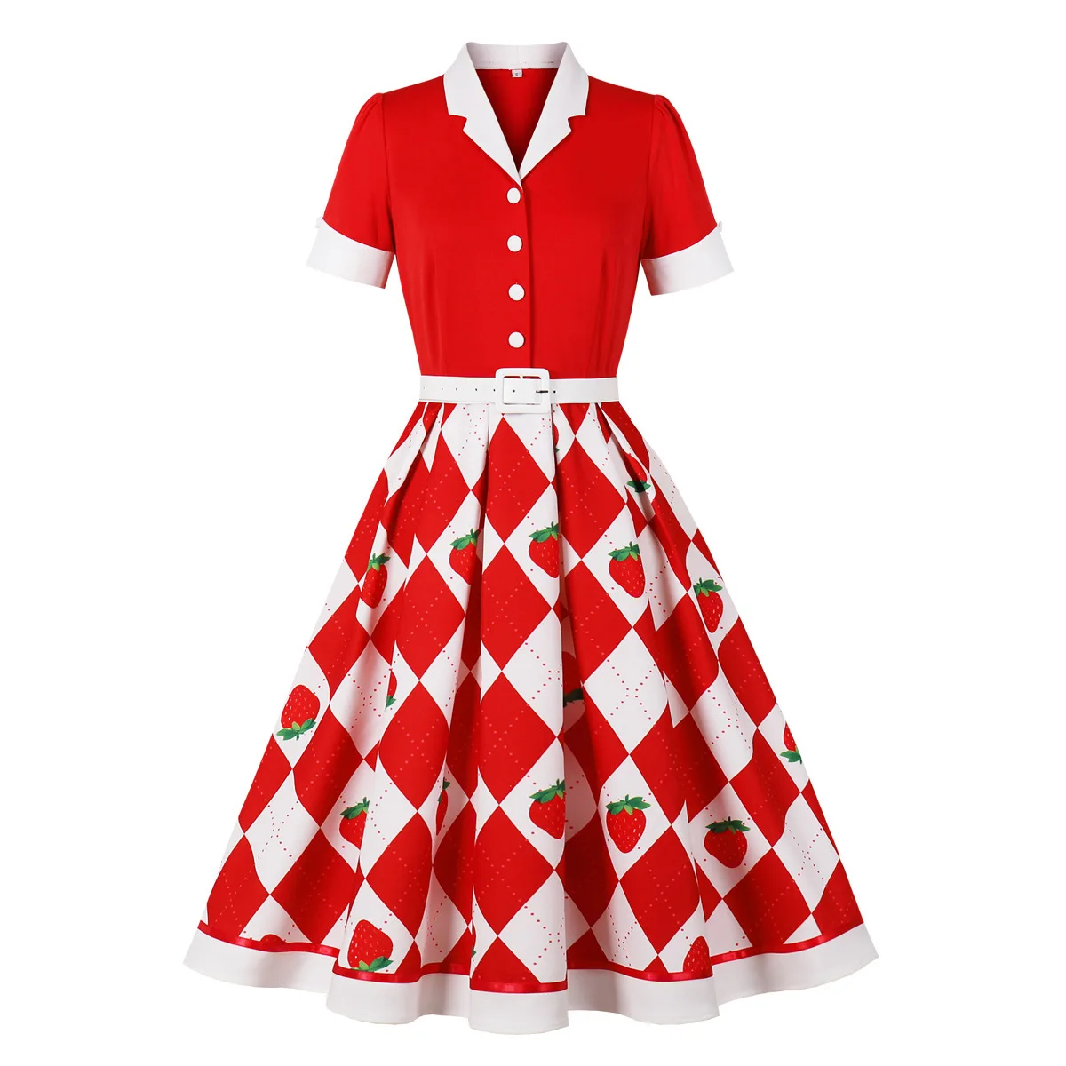 

50s Hepburn Vintage Strawberry Plaid Print Patchwork Swing Dress Women Notched Collar Short Sleeve Belted Waist A-Line Dresses