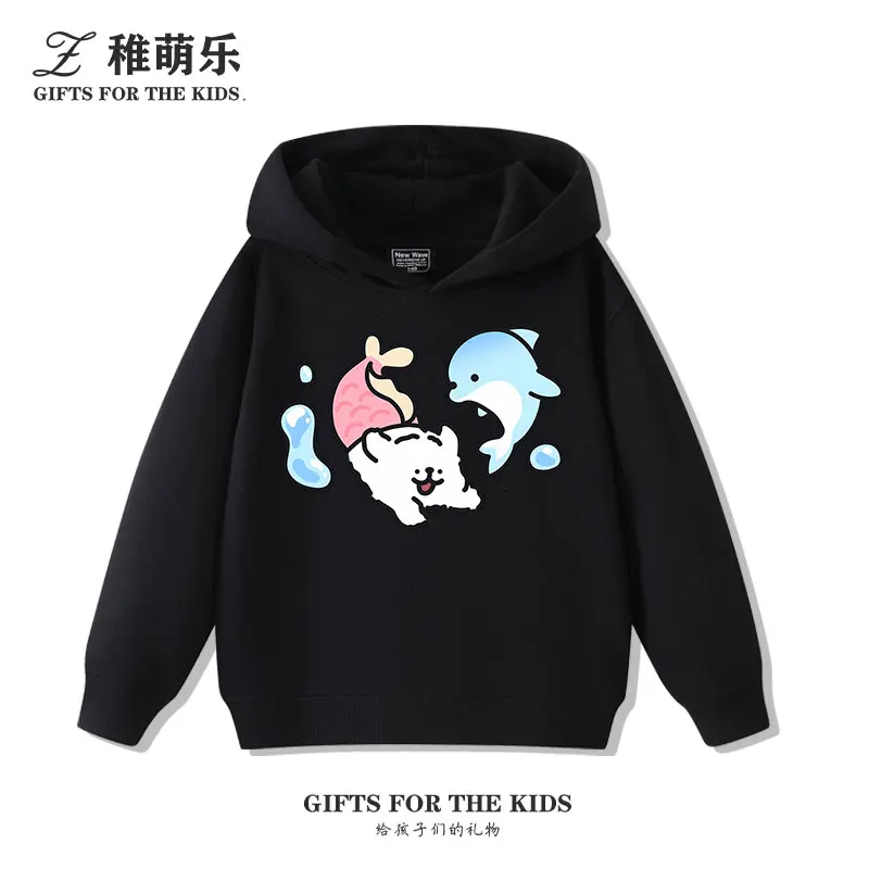 Garçons et filles océan tueur baleine dessin animé chiot imprimé sweat à capuche enfants automne et hiver mignon tout-match tenue décontracté