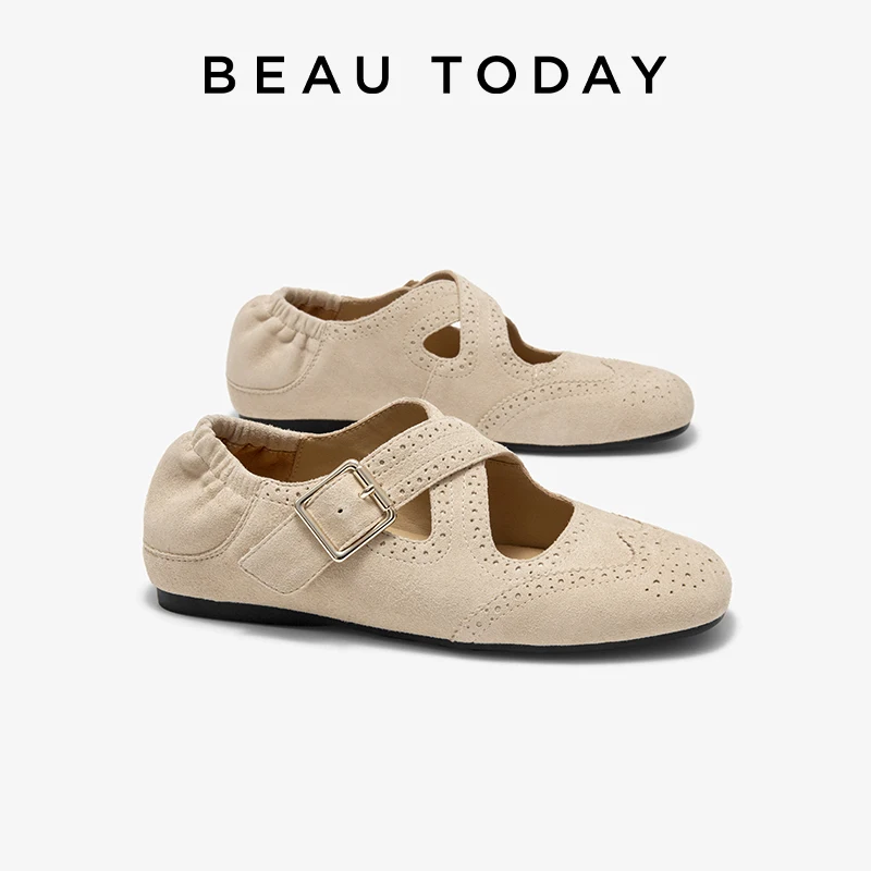 BEAUTODAY Solid Flats Women Sheepskin Leather Hook&Look Buckle Brogue Round Toe Ladies Leisure Shoes Handmade 28767