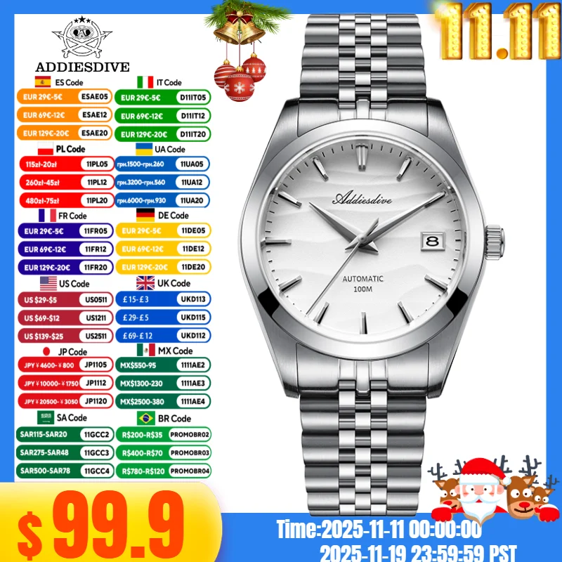 

ADDIESDIVE 39mm Men Luxury Watches Desert Dial Jubilee Strap 10Bar Diving NH35A Movement Automatic Mechanical Watch Montre Homme