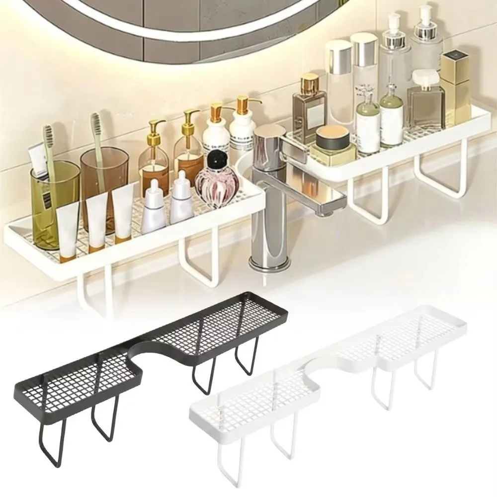 Sturdy No-Drill Bathroom Storage Rack Space Saving Rustproof Faucet Shelf Hollow Out Bathroom Organizer for Bathroom Counter