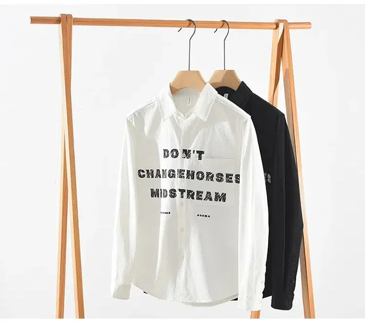 

Korean Fashion Streetwear Print Letter Shirt Male Spring Summer Long Sleeve White Shirt Men Pure Cotton Top Pocket Casual Shirts