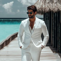 White Linen Suits For Men 2 Pieces Beach Wedding Party Tuxedos Casual Linen Male Jacket Blazer Pants Costume Homme Mariage