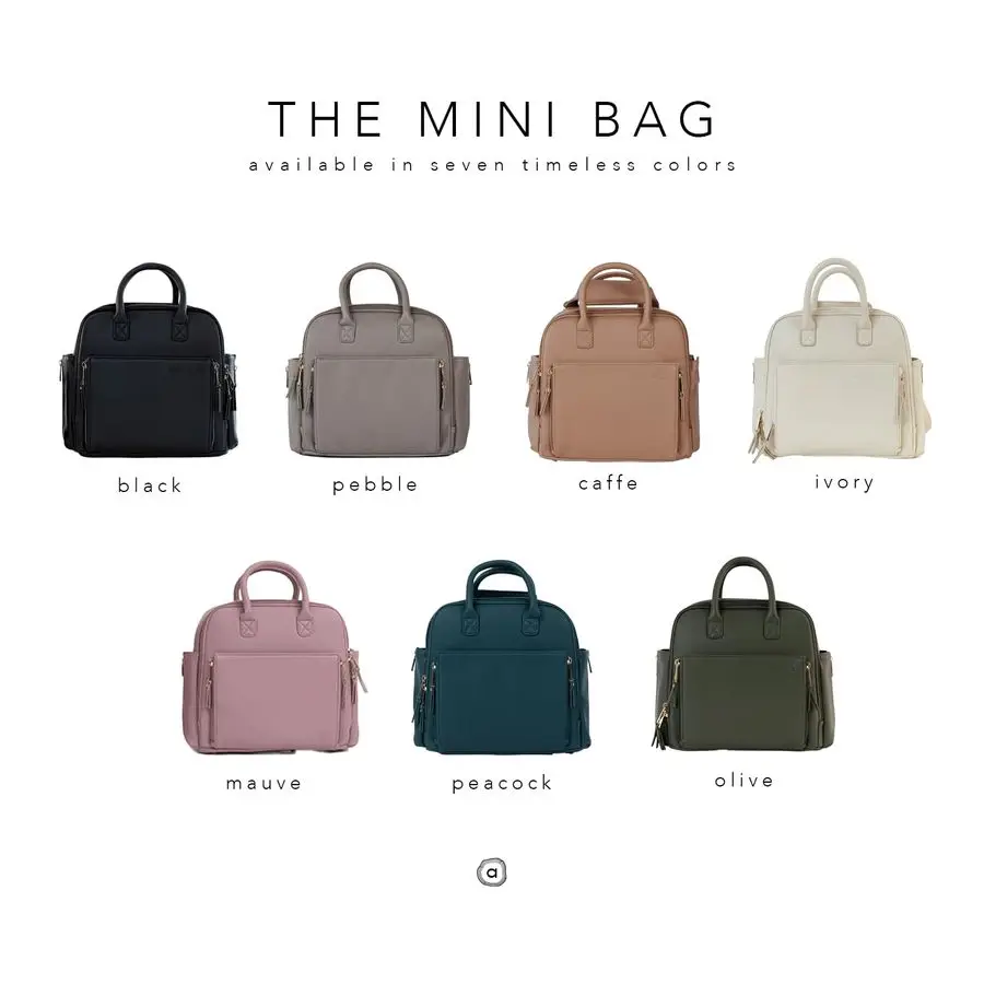amp Co Mini Bag, Transitional Minimal Diaper Bag, Vegan Leather, with Expandable Pockets, BuiltIn Wallet, Organizer