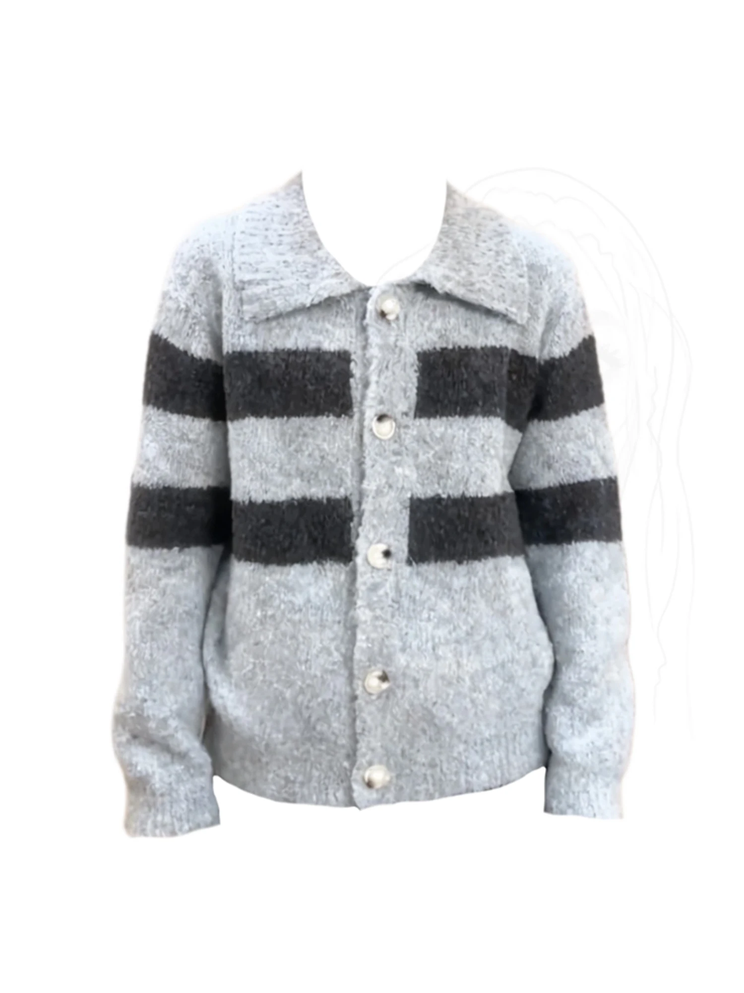 

Women Grey Striped Knit Cardigan Sweater Vintage Jumper Knit Long Sleeves Oversize Cashmere Sweater Autumn Winter 2000s Clothes