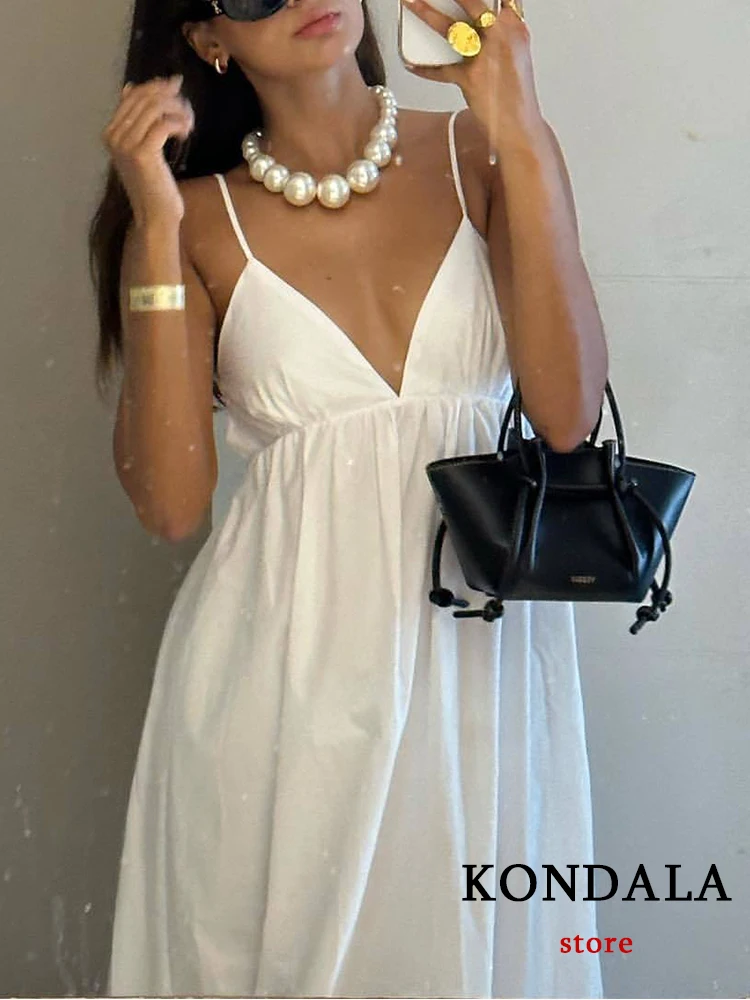 KONDALA Chic Solid White Sexy Cami A Line Women Long Dress Fashion 2023 Summer Night Party Backless Strapless Elegant Vestido