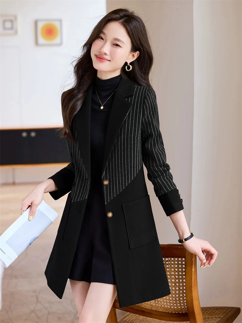 เสื้อเบลเซอร์ผ้าขนสัตว์ลายทางสำหรับผู้หญิง แขนยาว สไตล์ลำลอง เหมาะสำหรับใส่ทำงาน หรือเป็นเสื้อคลุมกันลม