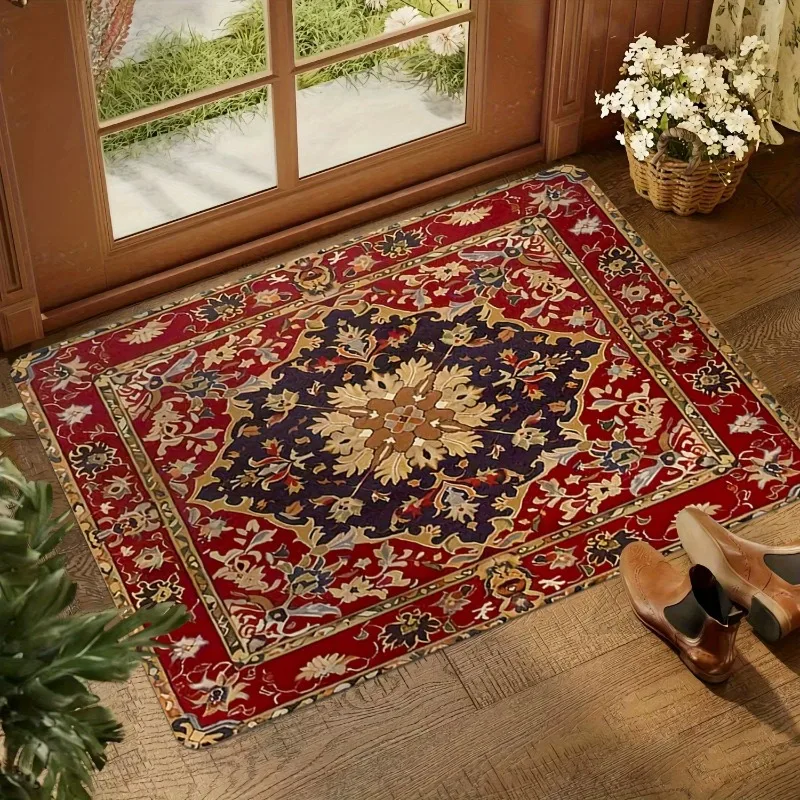 Rutschfeste Fußmatte im Vintage-Stil, Boho-Stil, Retro-Blumenmuster, rot, beige, für drinnen und draußen, Eingangsmatte mit Gummiboden, Heimdekoration, Flächenmatte