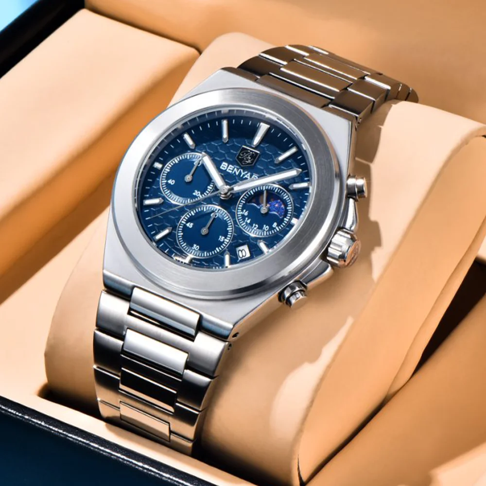 BENYAR new honeycomb dial men's watch, 30 meter waterproof stainless steel quartz luxury multifunctional timing men's watch
