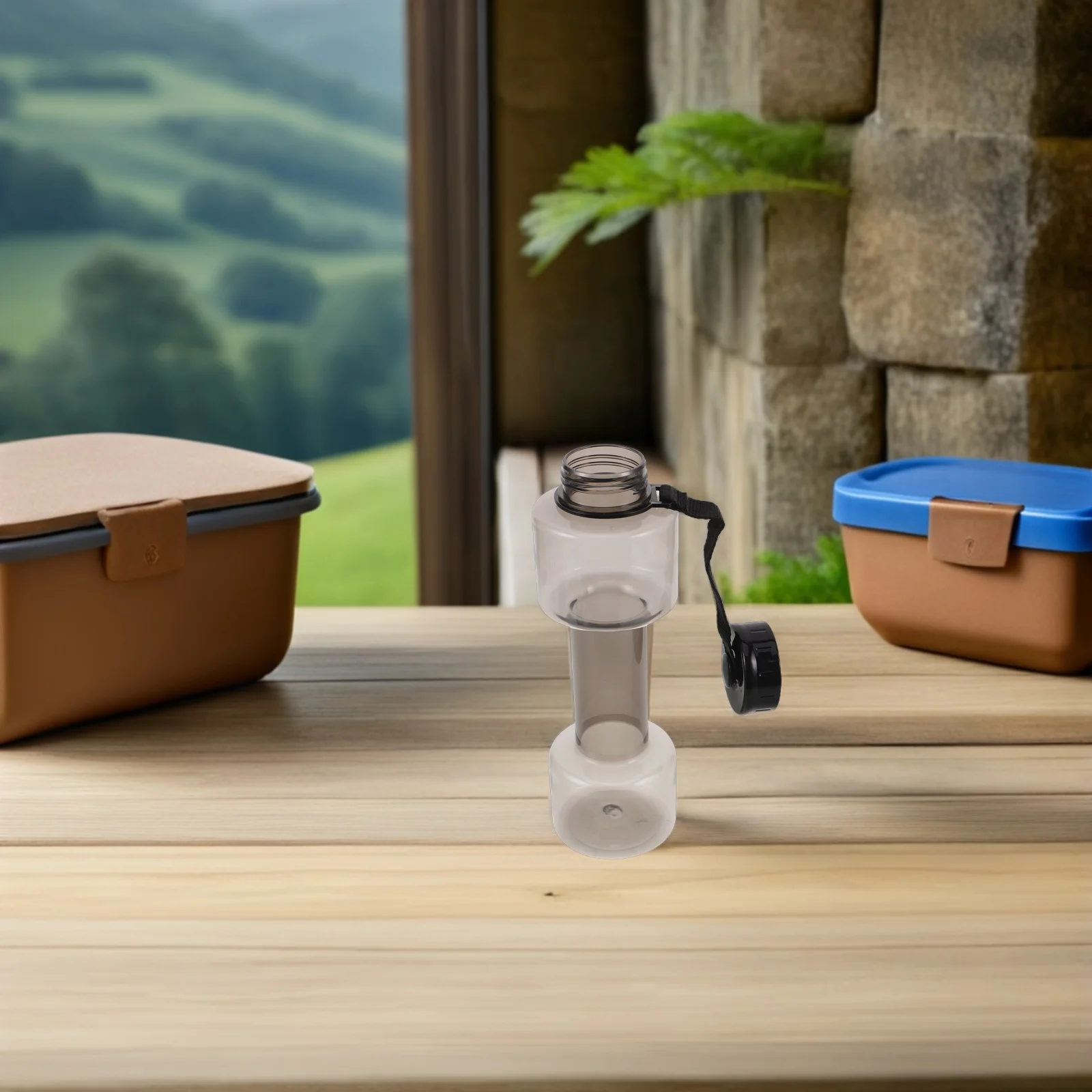 

700Ml Fitness Water Bottle Gray Dumbbell Shaped Portable Plastic Sports Drink Jug For Gym Camping Outdoor Exercise Workout