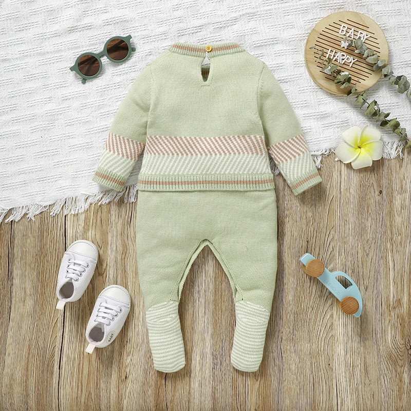 Baby Romper Knitted Infant Girl Boy Jumpsuit Fashion Blue Striped Cute Horse Toddler Kid Clothes 0-9M Newborn Overalls One Piece