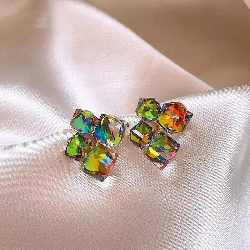 Holographic Laser Crystal Stud Earrings for Women White Black Rhinestones Double Square Earrings Trendy Party Geometry Jewelry