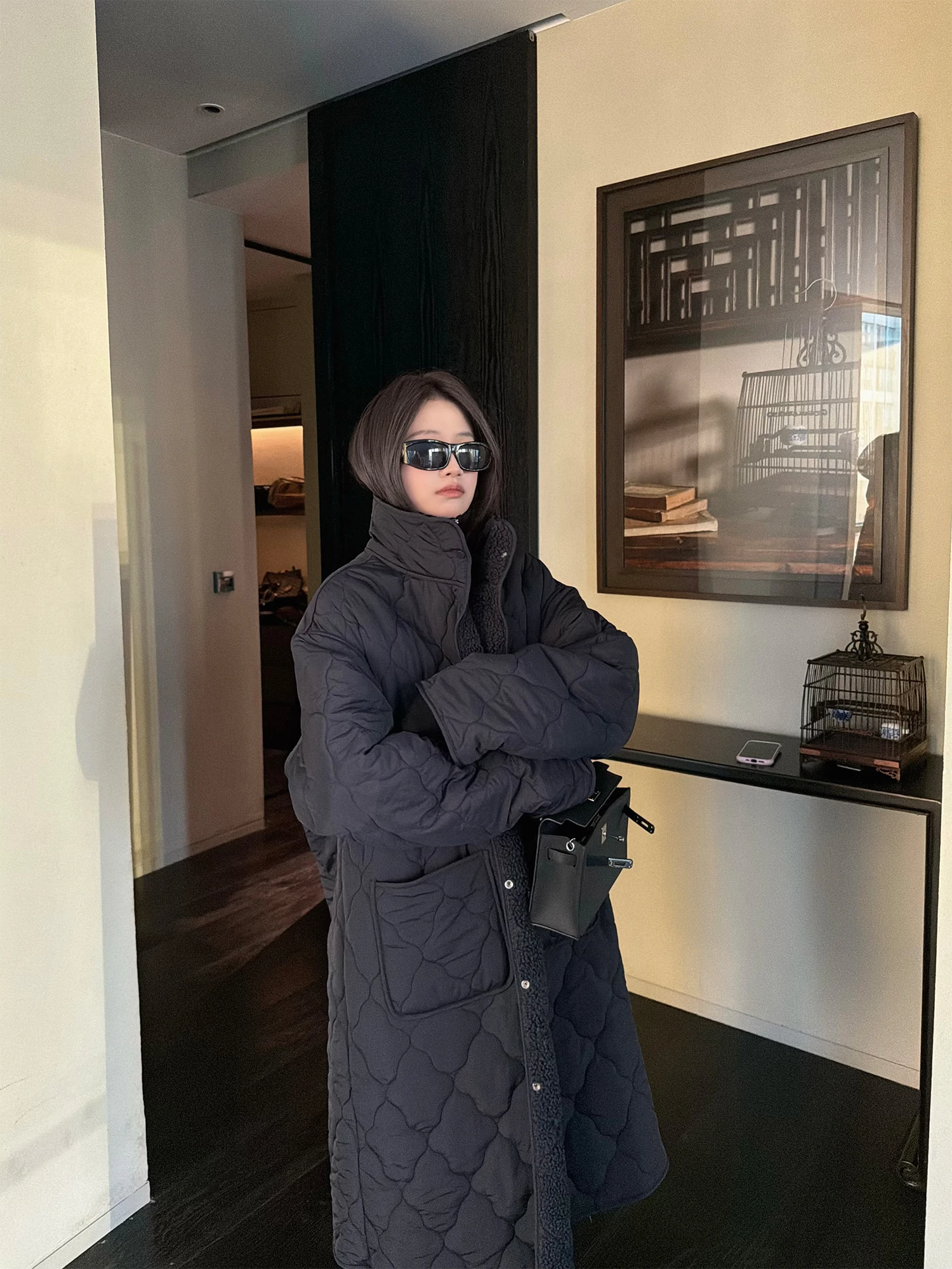 

Superniniyy mat Lifesaving Cotton Jaet Lnated with Lamb Fur Diamond Pattern Long Coat Sle Korean Loose Fit