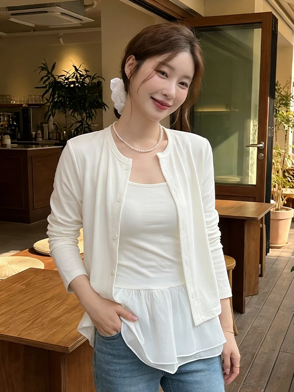 Spring Summer 2026 White round Neck Long Sleeve Blouse And Vest Two Piece Set Women's Fashion Collection Leaf  Detail - view 4