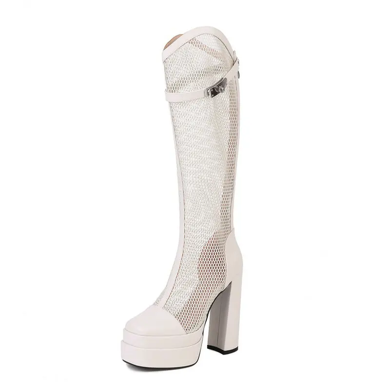 Black White Gray Summer Women Knee High Boots Platform Thick High Heel Ladies Calf Boots PU Leather Square Toe Mesh Boots 2022