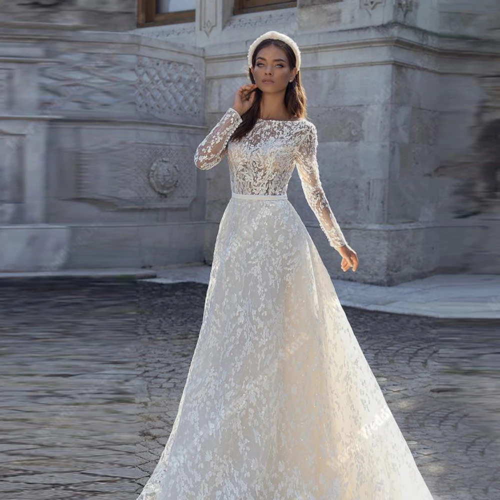 

Round Neck A-Line Women Wedding Dresses Elegant Long Sleeves Floral Print Bridal Gown Mopping Length Vestido De Novia Customized