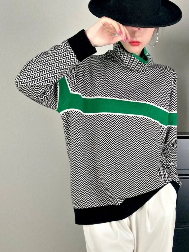 2024 Winter Fashion New Women's Warm Knitted Retro Elegant Wool Knitted Hoodie High Collar Color blocked Checkered Sweater