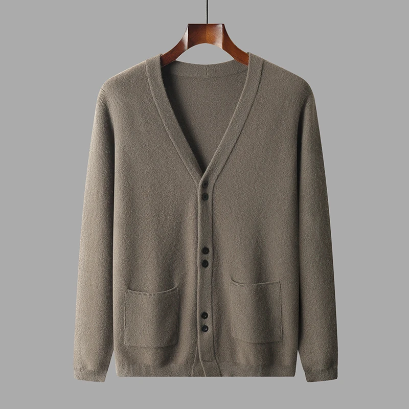 

2023 Autumn and Winter Men's Thickened Sweater 100% Merino Wool with V-Neck Cardigan Business Casual Knitted Long Sleeve Jacket