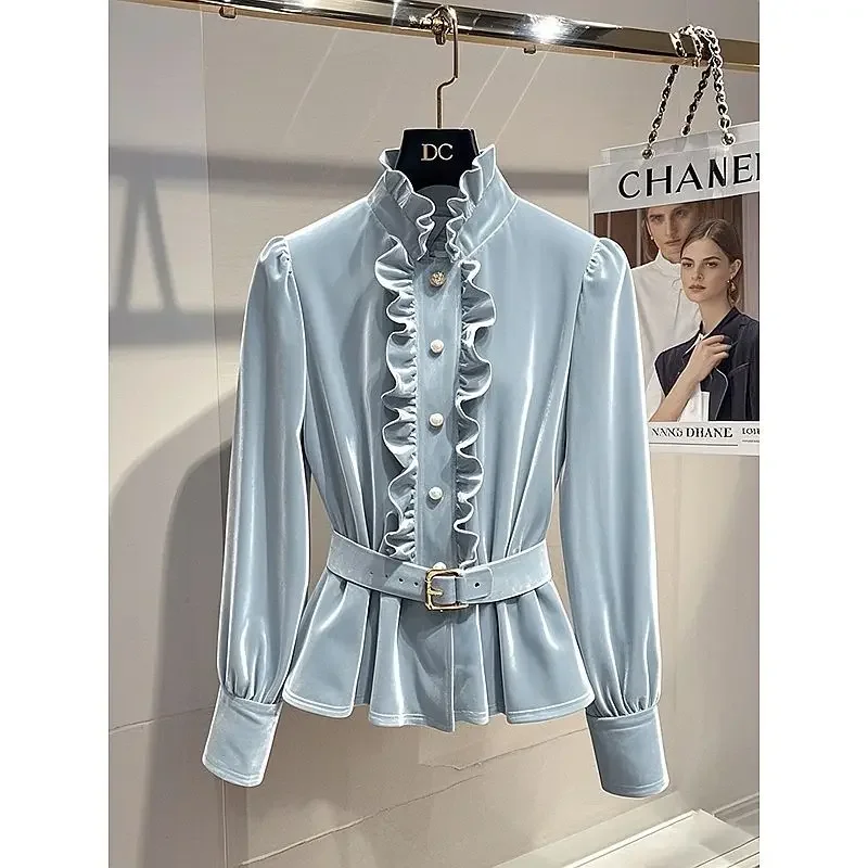 Luxury High-end Chic Long Sleeve Shirts Women Autumn Luxury Blouse Velvet Belts Slim Ruffle Jacket Office Lady Shirts Trend Tops