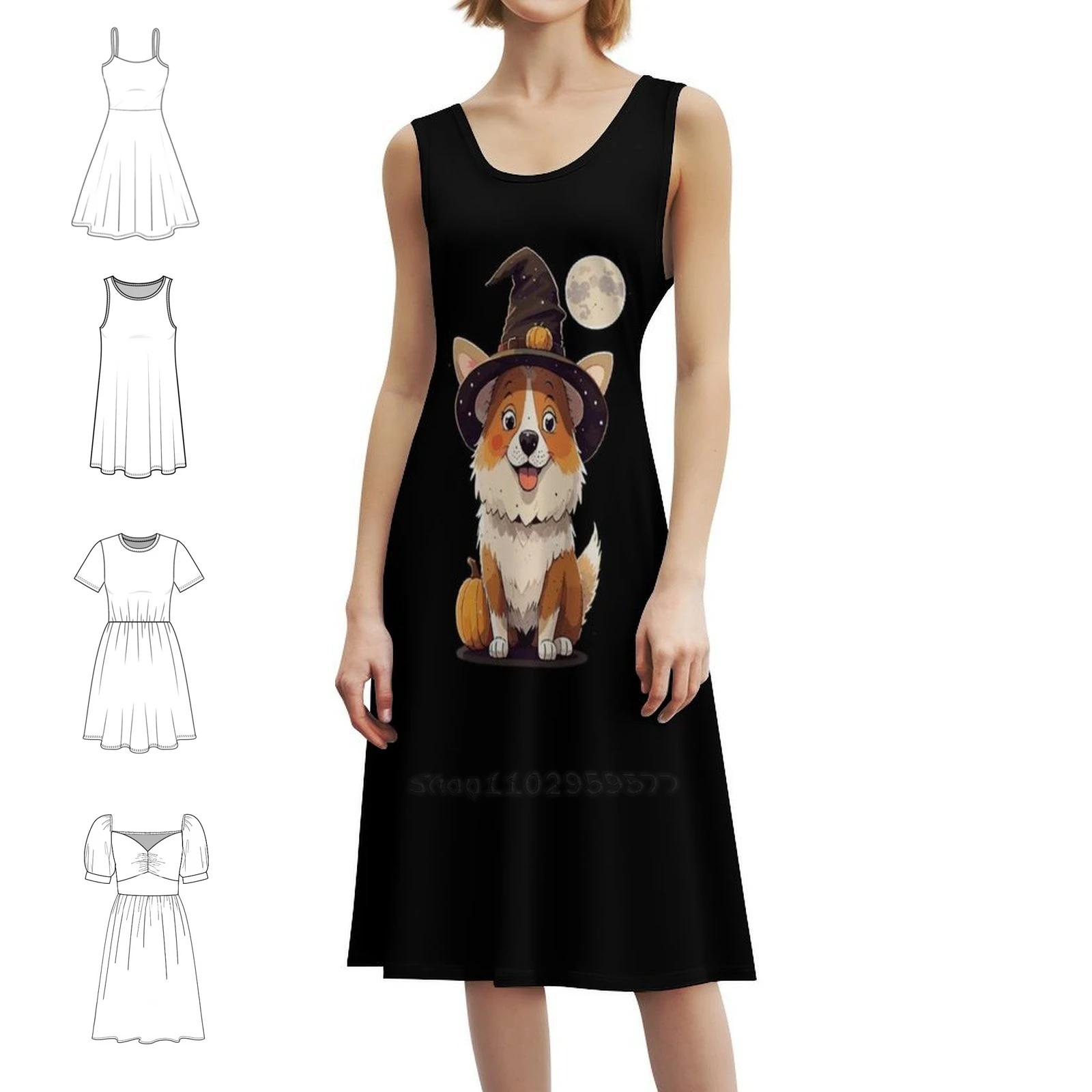 

Милое корги в шляпе ведьмы, богемное платье без рукавов, платье с несколькими принтами для пляжного отдыха, праздничное платье на Хэллоуин, корги, корги на Хэллоуин