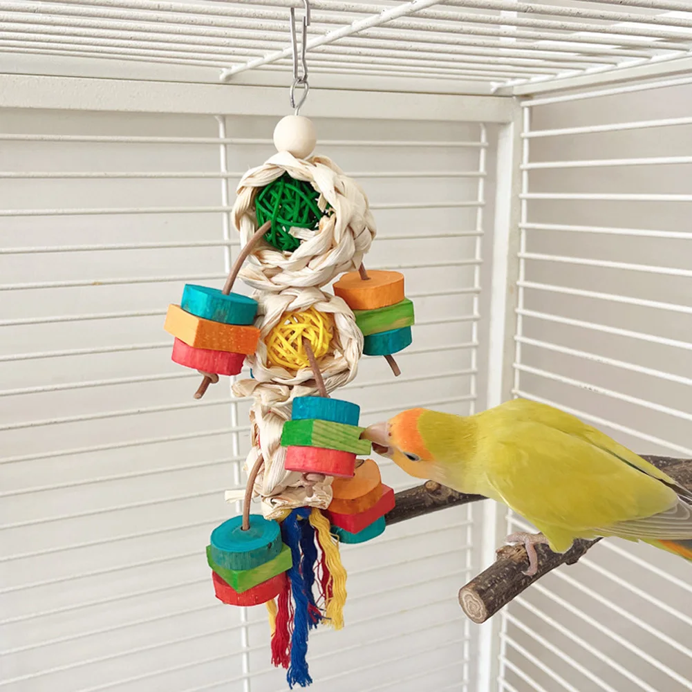 Natural Parrot Chew Toys Bird Cage Corn Husk Rattan Ball Chew Toys Colorful Wood Block Hanging Decoration For Bird Pet