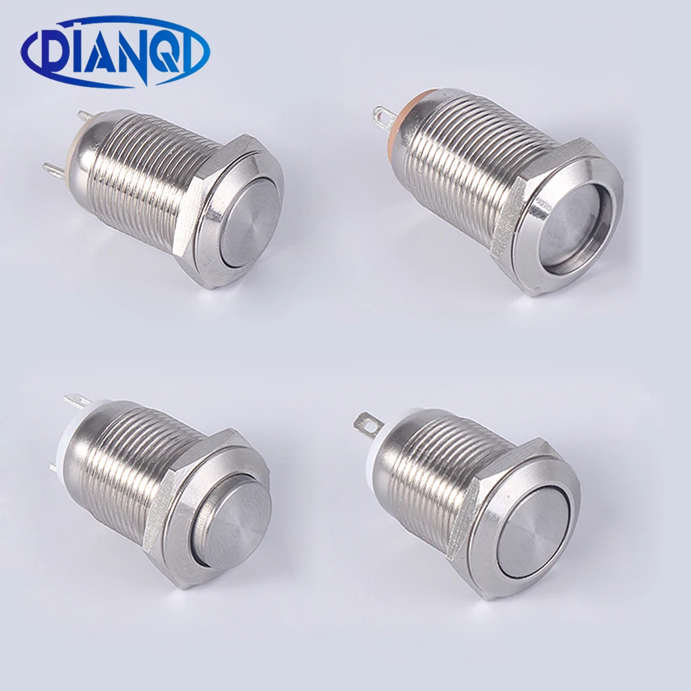 1 pc 12mm metal push button waterproof nickel plated brass switch flat high head Round shape momentary self reset 1NO latching