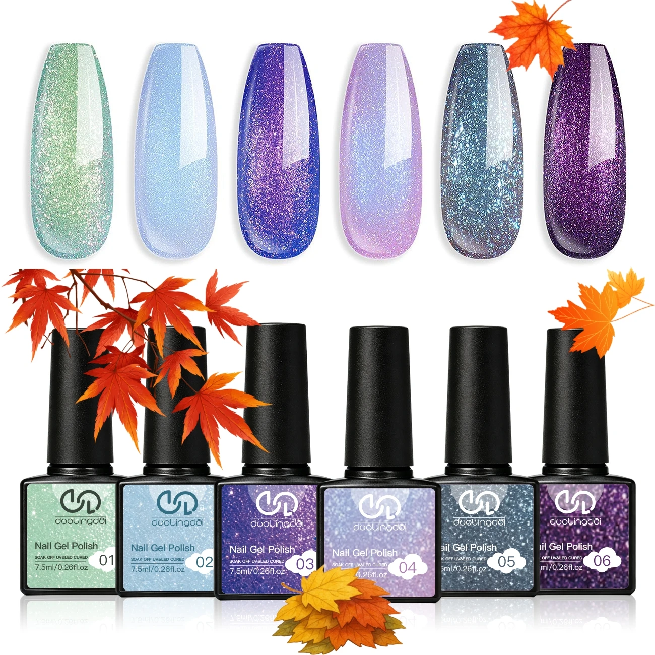 6-teiliges Set mit holografischem, eisglitzerndem Gel-Nagellack, Aurora-Blau-Lila, glitzerndes UV-LED-Gel-Set zum Ablösen, ideal für Halloween, Weihnachten und Neujahr.