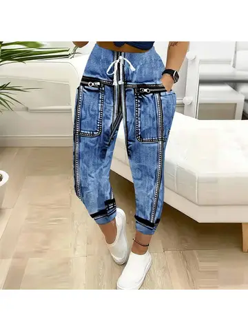 Autumn Winter Women's Printed Ninth Pants Drawstring Pocket Sjogging Pants Vacation Casual Pants