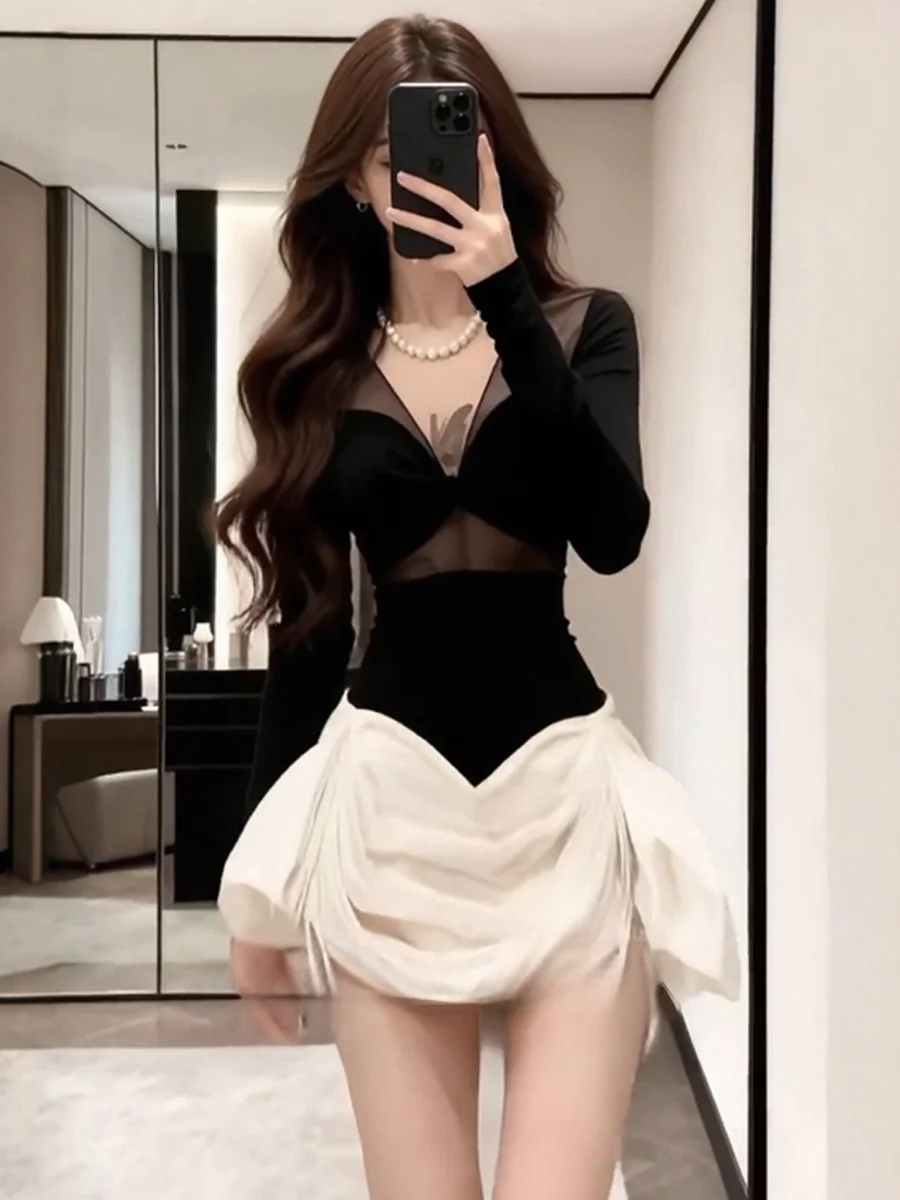 

Sexy Retro Lace Splice Dr Women's Autumn Winter Beautiful Waist Cinched Inner Skirt Long Sve A-Line Dr Fitn