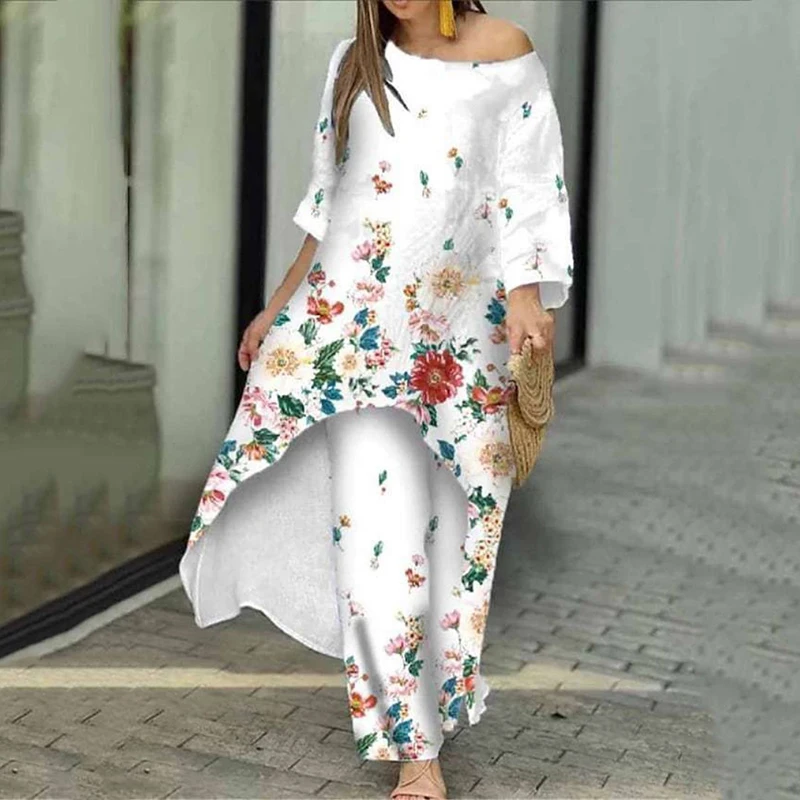 Two Piece Sets O-Neck Long Sleeve Irregular Hem Long Top & Causal Loose Wide Leg Pants Suits Fashion Print Floral Comfort Sets