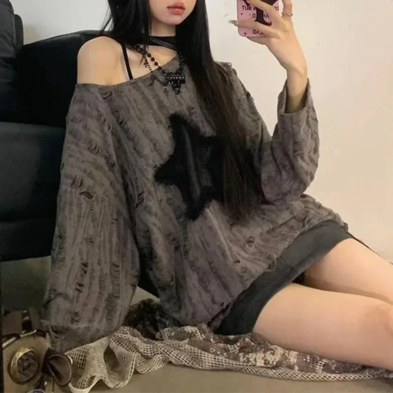 Y2K trou étoile imprimé T-Shirt femmes mode Streetwear épaules nues hauts été surdimensionné Kpop à manches longues t-shirts amples dames nouveau