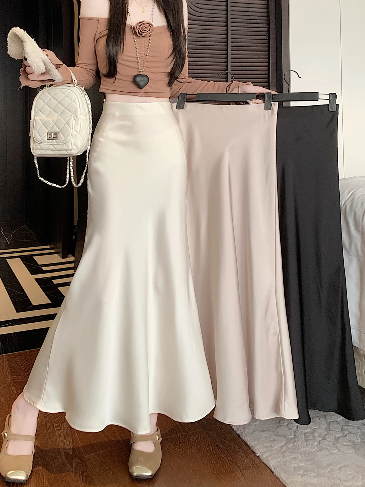 

Атласная юбка-карандаш из ацетата для женщин, весна-осень, стройнящая, А-силуэт, драпированная, длинная, повседневная, для офиса, с высокой талией