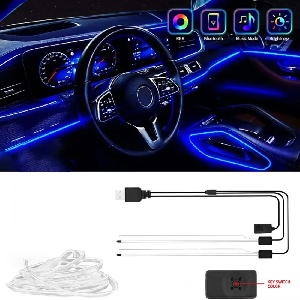 

3M / 5M Car Interior Ambient RGB Flexible LED Clamp Lamp With Switch Control Atmosphere Neon Lamp Car Decoration Accessory 12V