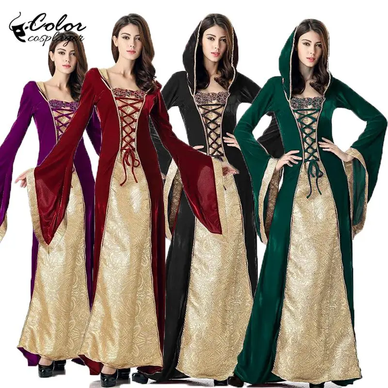 Color Cosplayer Medieval Dresses Hooded Robe Vintage Noble Princess Cosplay Costume Adult Halloween Stage Performance Clothing