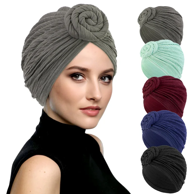 African Women Turban Top Knot Flower Decor Headwrap Elegant Pleated Beanies Headscarf For Women Cap Solid Color India Hat Muslim