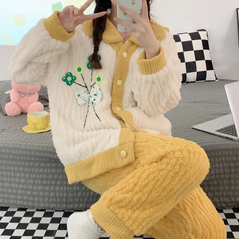 Disney Cartoon Mickey Girl Plush Cardigan Autumn Winter Sweet Cute Long Sleeved Pajama Suit Doll Collar Clothes 2pcs Set Pajamas