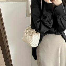 Fashion Womens Soft Woven Cross Body Bag Drawstring Straw Shoulder Bags Travel Handbag