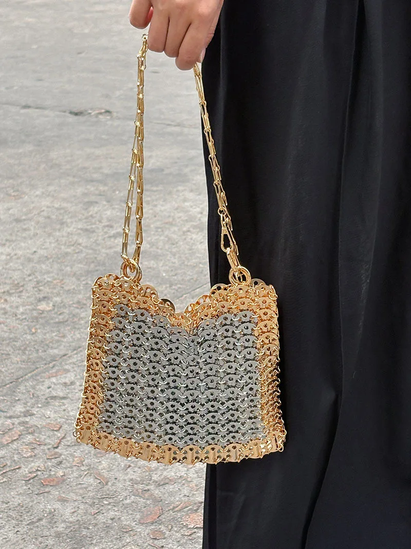 Handmade Sheet Woven Bags for Women Handbags Designer Evening Bags Metallic Sequined Crossbody Bag Luxury Golden Shoulder Bag