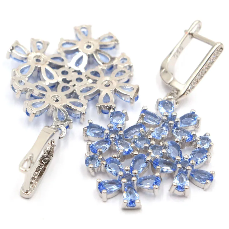44x18mm Eye Catching Flowers Shape Rich Blue Violet Tanzanite White CZ Females Wedding Silver Earrings