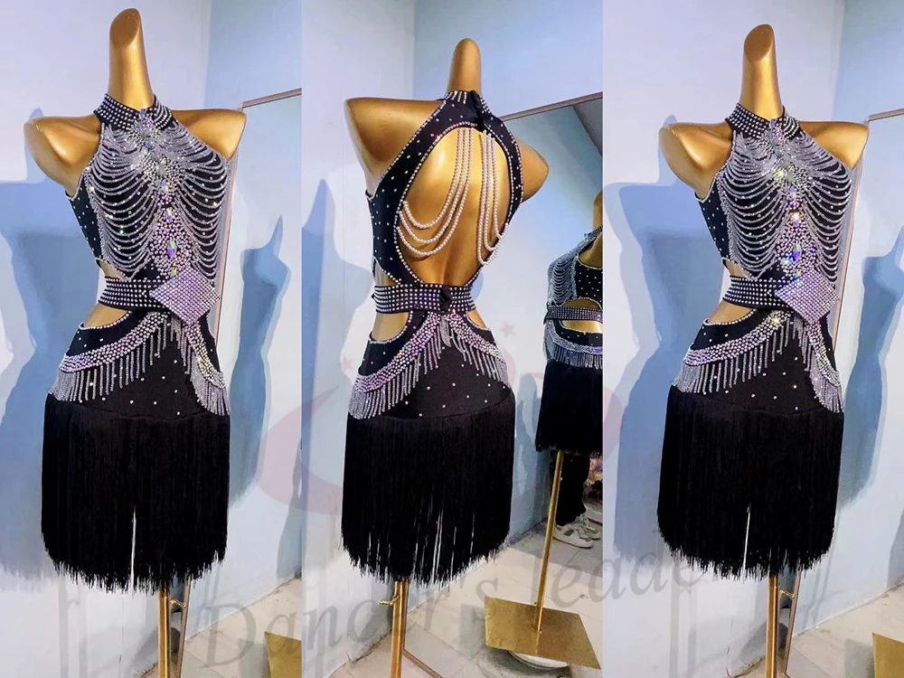 Traje de dança latina ab pedra feminino adulto crianças high-end personalizado volta pérola corrente preto piscina samba vestido