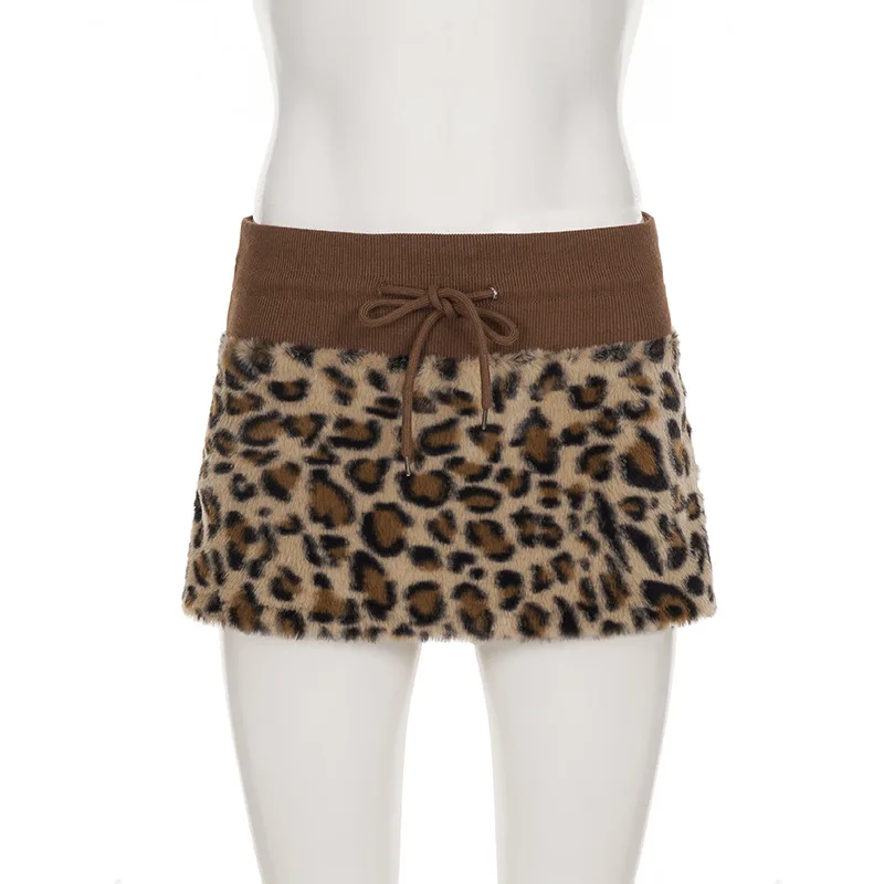Y2K Spice Girl Gonna corta con lacci con fiocco e stampa leopardata Gonna a vita bassa moda autunno e inverno da donna
