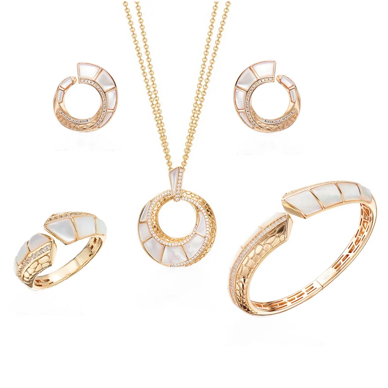 

Fashion Style Stud Ring Earrings Bracelet Necklace Women Lady Inlay Cubic Zircon Mother Of Pearl Malachite Party Jewelry Sets