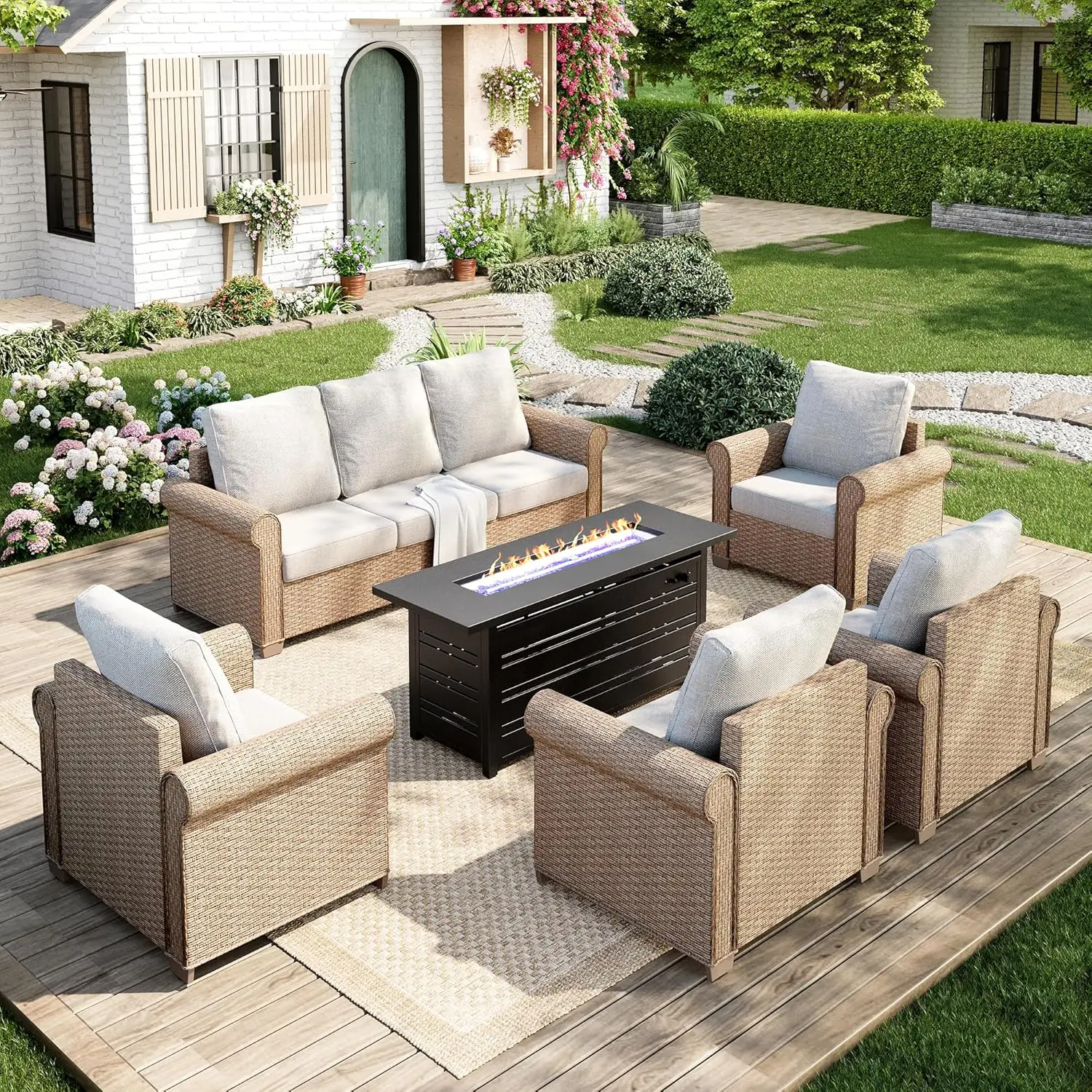 

Patio Furniture Set 6 pcs, Wicker Outdoor Patio Furniture, 3-Seat Sofa, 4 Single Chairs and 56" Gas Fire Pit Table, Beige
