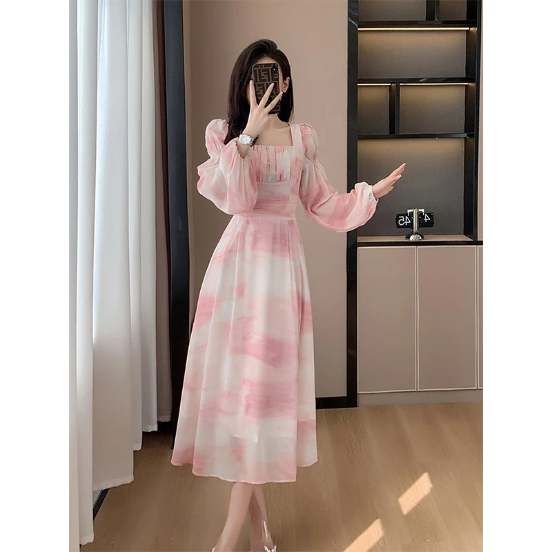 

Весенне-осенние простые офисные женские однотонные платья с квадратным воротником и пышными рукавами, женская модная универсальная юбка трапециевидной формы для отпуска