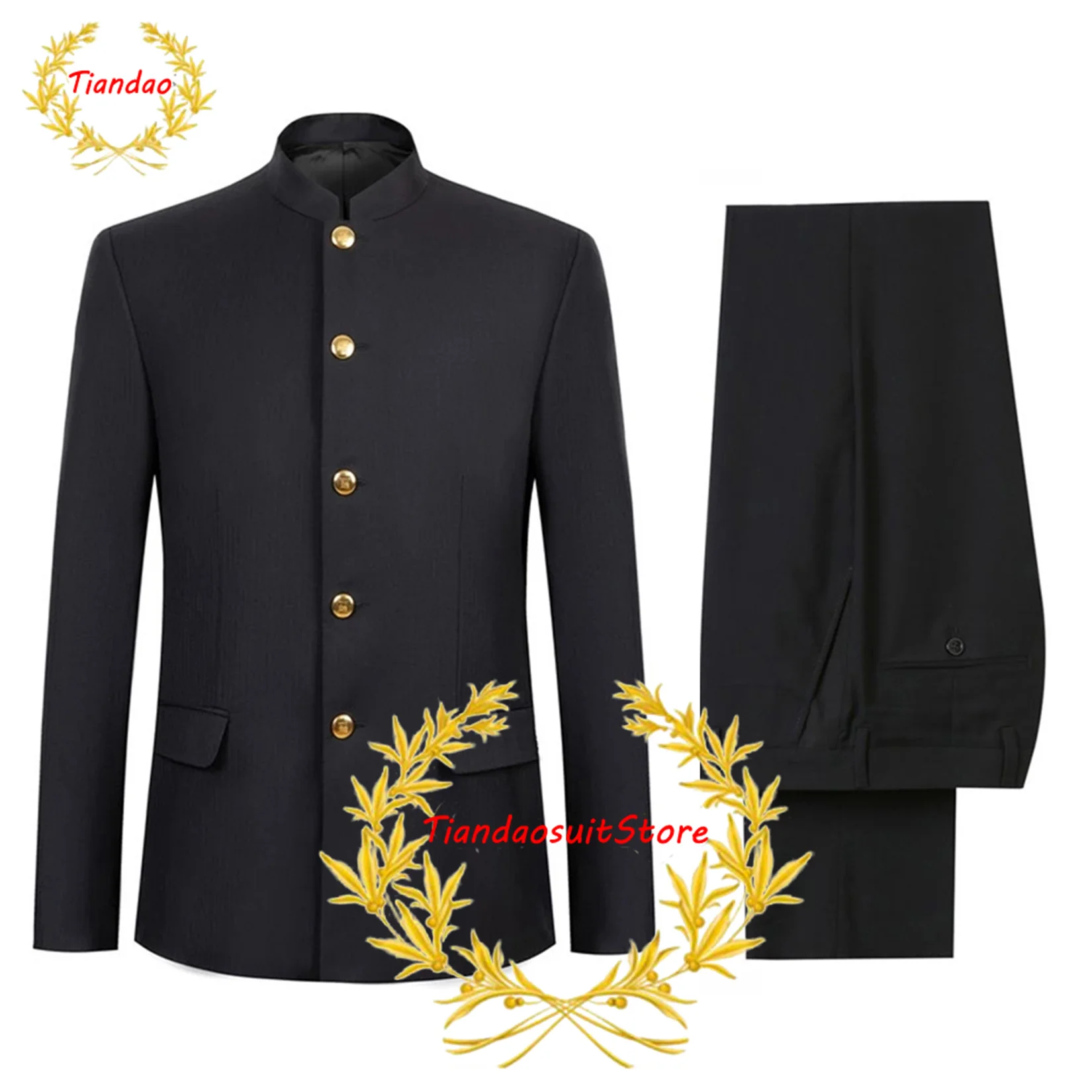 Men's Suit 2 Piece Wedding Tuxedo Formal Stand Collar Jacket Pants Slim Fit Blazer Trousers Set Groomsmen Outfit