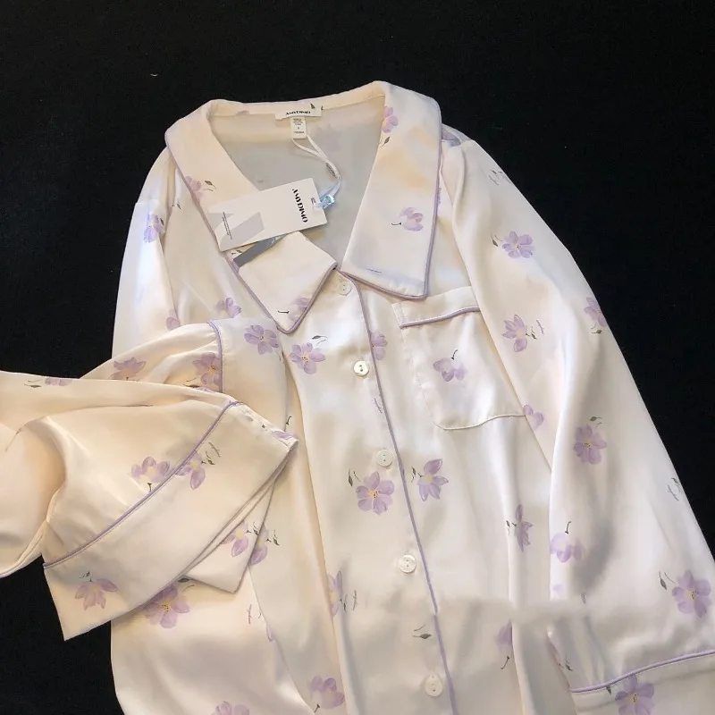 

Ice silk pajamas, women's long sleeves and trousers, spring and autumn suits, sweet flowers, faux silk loungewear, summer suits