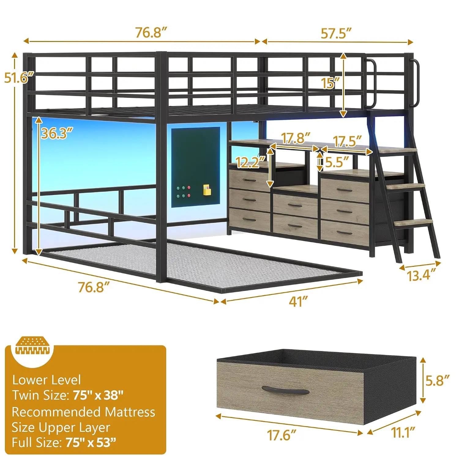 Bunk Bed Full Over Twin,Low Bunk Bed with 8 Drawers & 4 Shelves | Bunk bed with Desk,15