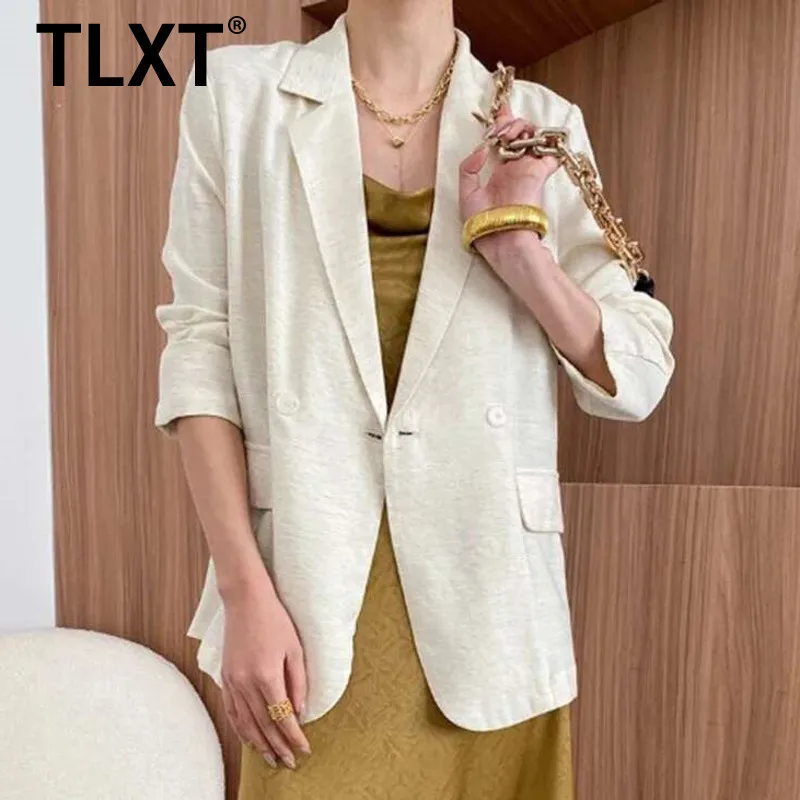 

TLXT Elegant Women's Minimalism Solid Blazers Notched Single Button Long Sleeve Office Lady Jackets Female Coats 2025 Summer New